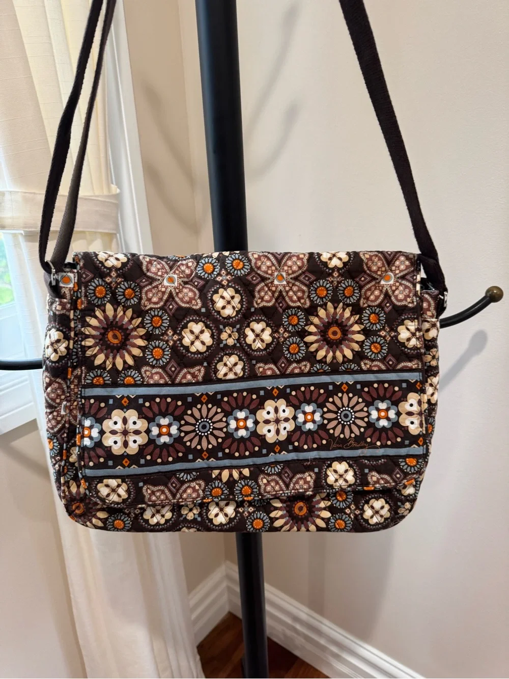 Vera Bradley Quilted Messenger Bag in Brown Cream Floral Laptop Shoulder